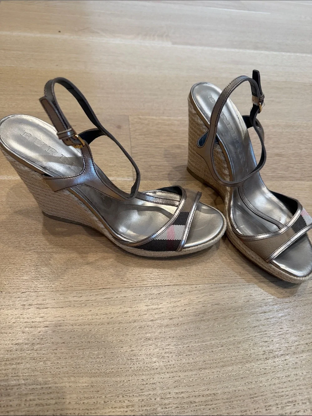 Burberry Leeham Metallic Wedge Espadrille Sandals